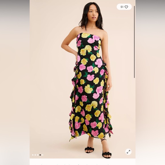 For Love And Lemons Strapless Black Dress with Pink and Yellow Floral - Picture 3 of 9